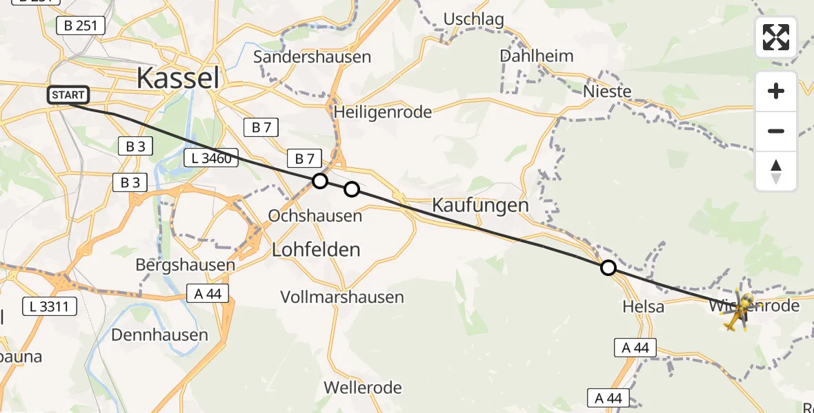 Flugroute Rettungshubschrauber Kassel - Helsa, 02 Juni 2026, 07:30