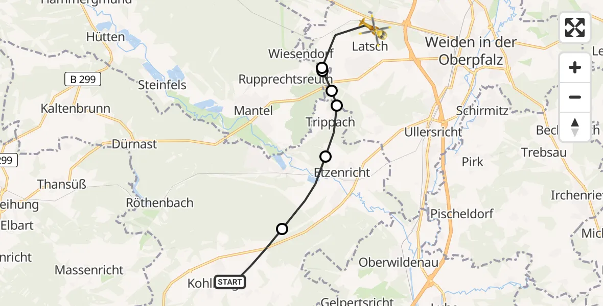 Flugroute Rettungshubschrauber Kohlberg - Weiden i.d.OPf., 02 Juni 2026, 07:31