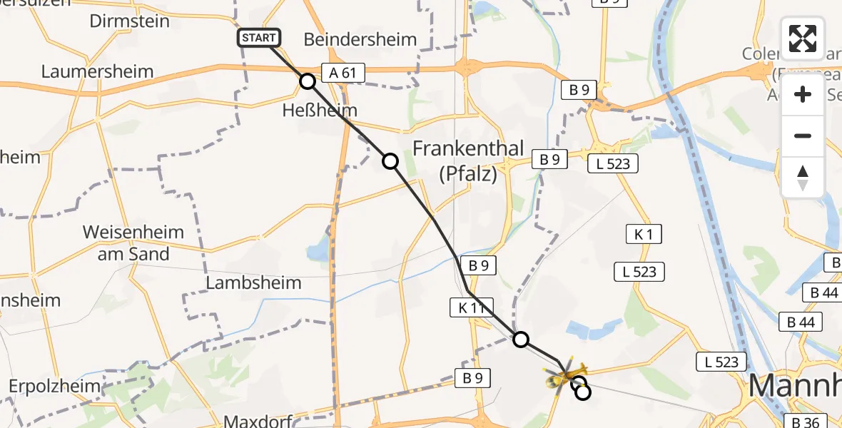 Flugroute Rettungshubschrauber Heuchelheim bei Frankenthal - Ludwigshafen am Rhein, 02 Juni 2026, 07:34