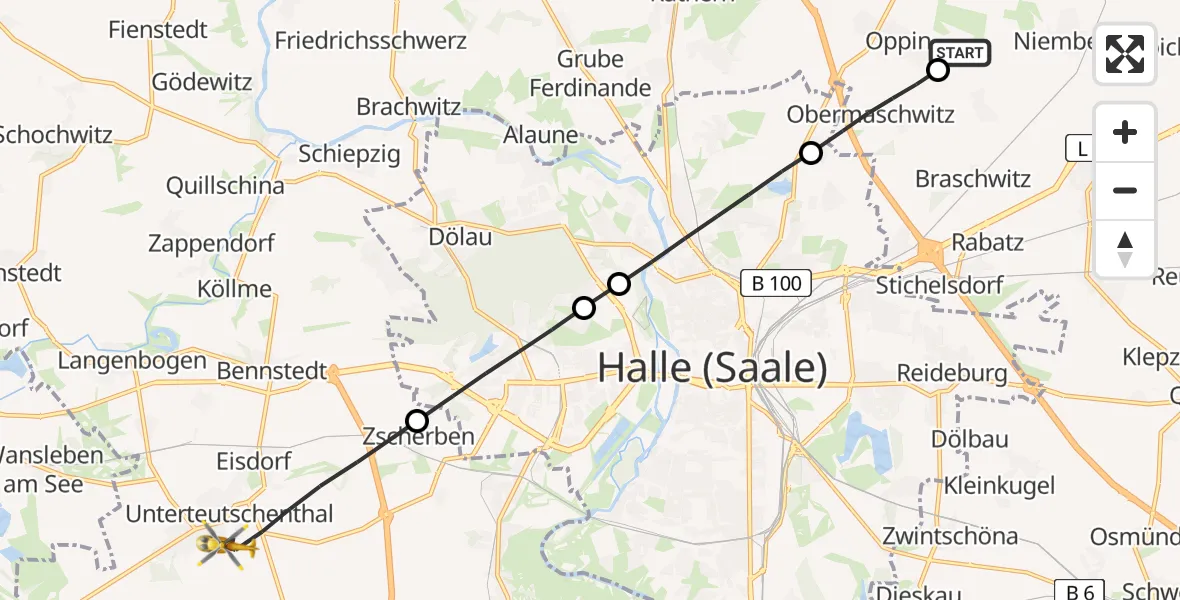 Flugroute Rettungshubschrauber Halle-Oppin Flugplatz - Teutschenthal, 02 Juni 2026, 07:35