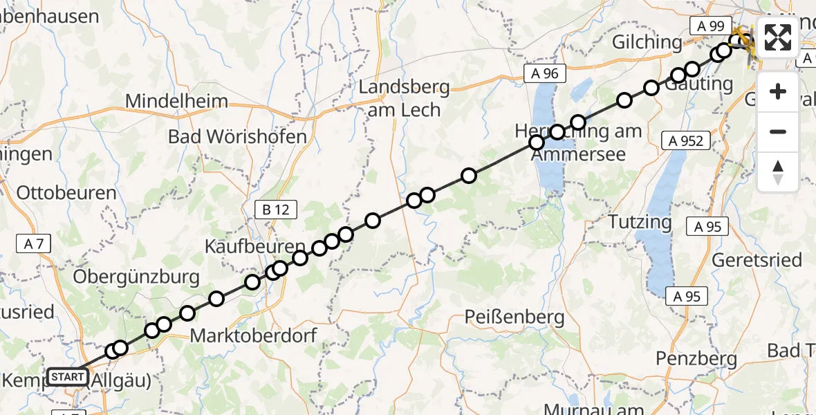 Flugroute Rettungshubschrauber Kempten (Allgäu) - DRF Air Rescue München Hubschrauberlandeplatz, 02 Juni 2026, 07:39