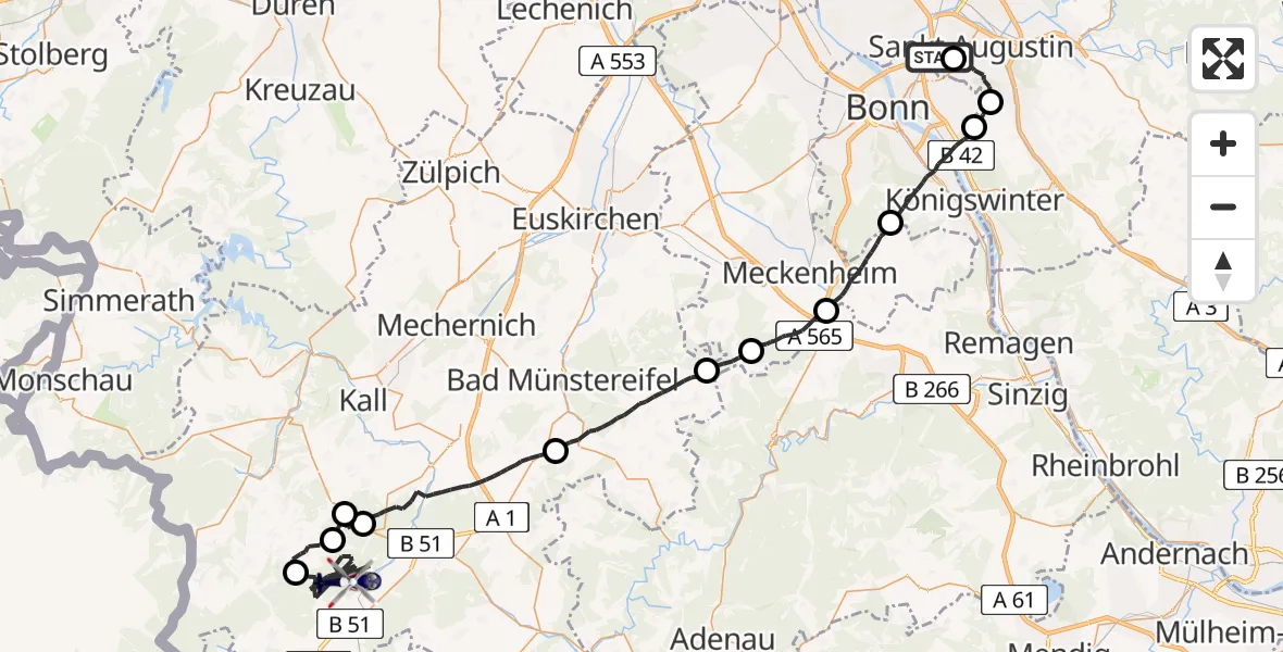 Flugroute Polizeihubschrauber Bonn-Hangelar Flugplatz - Dahlem, 02 Juni 2026, 07:46