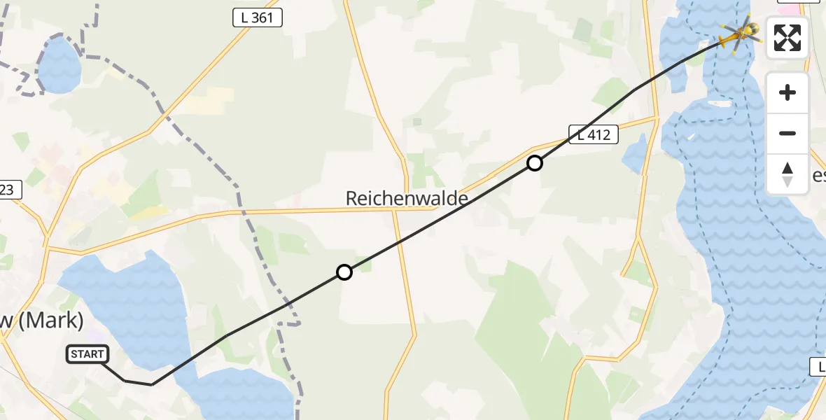 Flugroute Rettungshubschrauber Storkow (Mark) - Bad Saarow Hospital Hubschrauberlandeplatz, 02 Juni 2026, 07:46