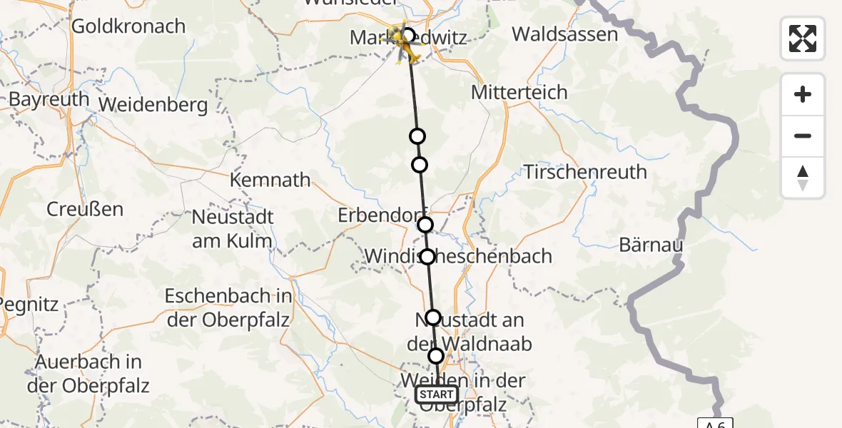 Flugroute Rettungshubschrauber Weiden i.d.OPf. - Marktredwitz, 02 Juni 2026, 07:46