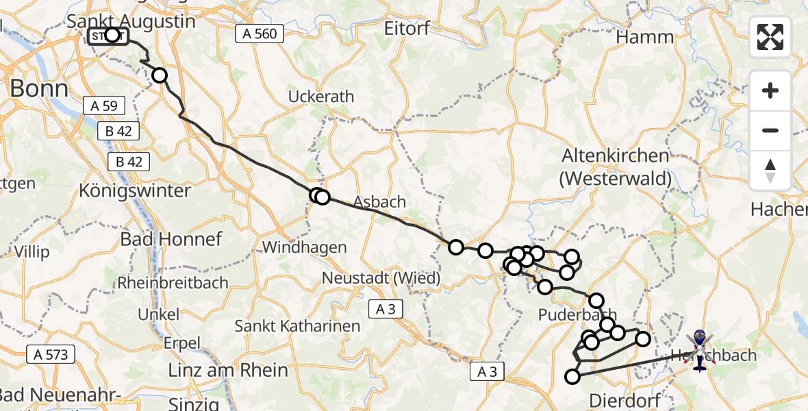 Flugroute Polizeihubschrauber Bonn-Hangelar Flugplatz - Herschbach, 02 Juni 2026, 07:48