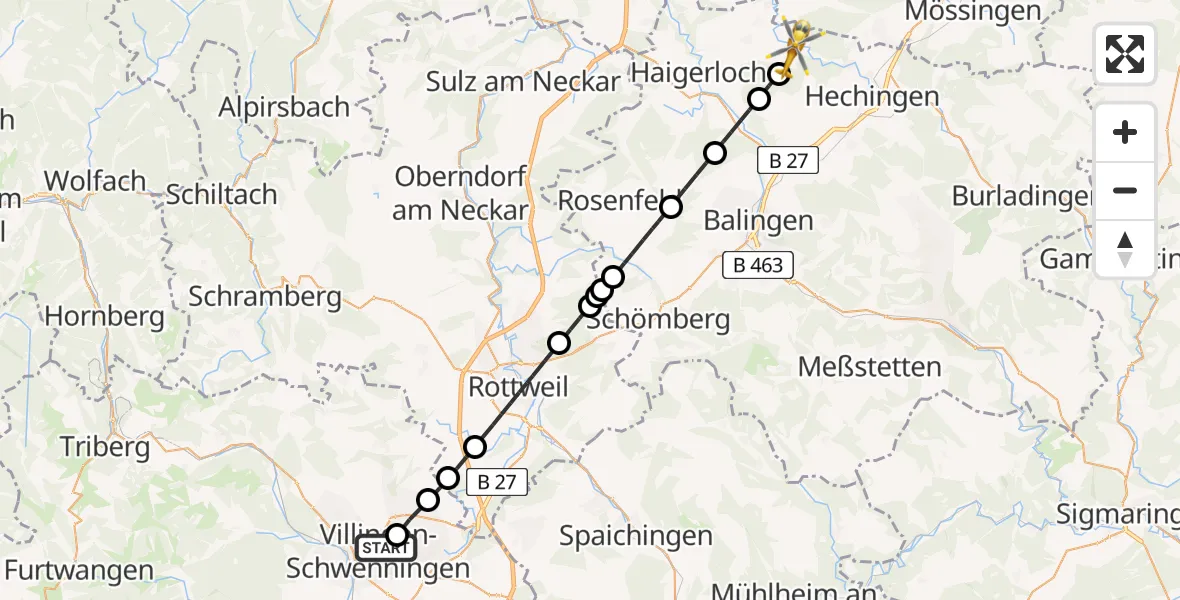 Flugroute Ambulanzhubschrauber DRF Air Rescue Station Villingen-Schwenningen Hubschrauberlandeplatz (Christoph 11) - Rangendingen, 02 Juni 2026, 07:51