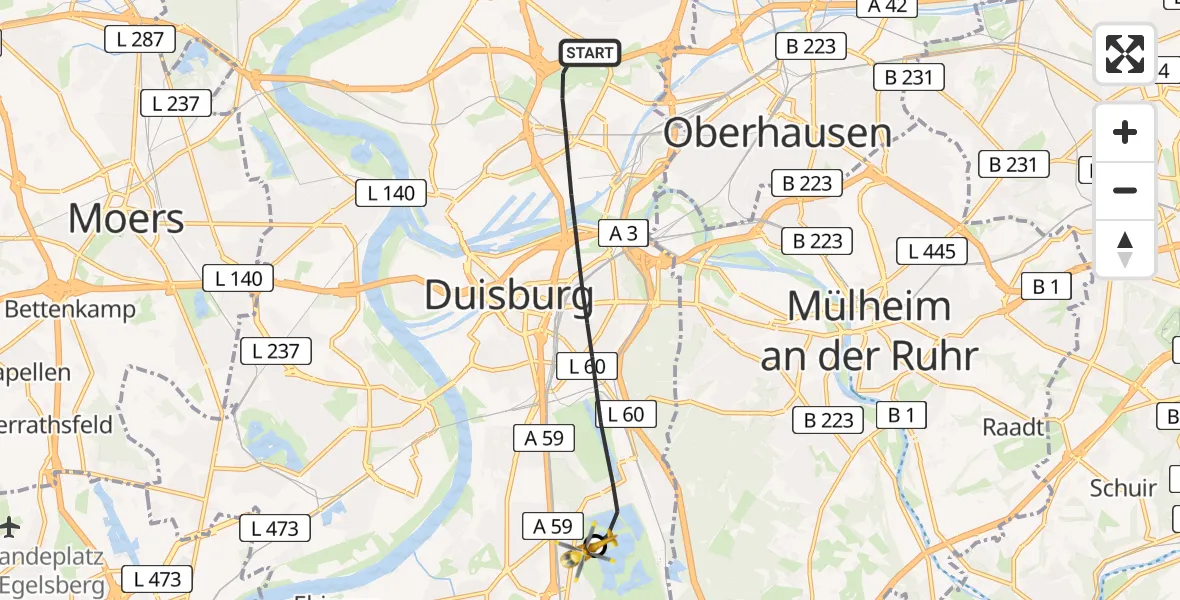 Flugroute Rettungshubschrauber Duisburg - Duisburg Air Rescue Hubschrauberlandeplatz (Christoph 9), 02 Juni 2026, 07:55