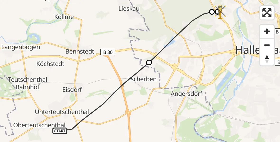 Flugroute Rettungshubschrauber Teutschenthal - Halle (Saale) University Hospital, 02 Juni 2026, 08:05