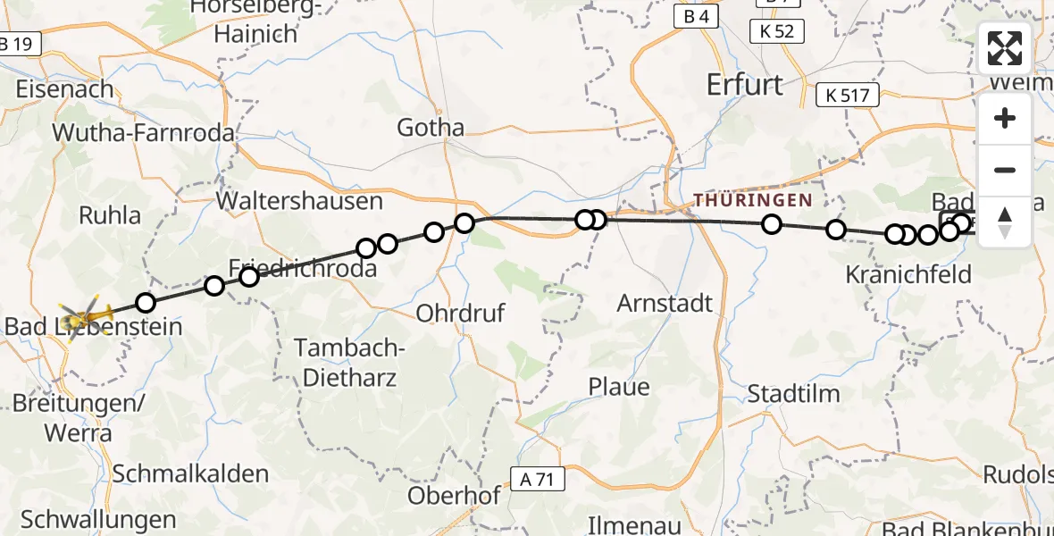 Flugroute Ambulanzhubschrauber Bad Berka Central Hospital - Bad Liebenstein, 02 Juni 2026, 08:06