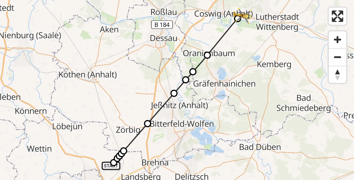 Flugroute Rettungshubschrauber Halle-Oppin Flugplatz - Wittenberg, 02 Juni 2026, 08:08