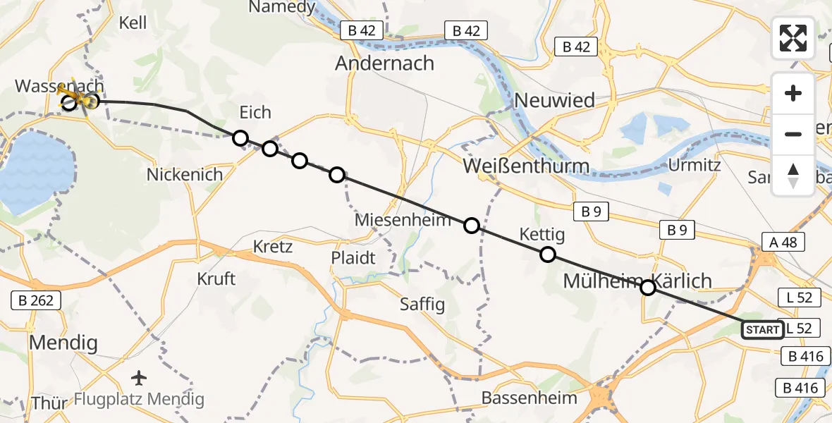 Flugroute Rettungshubschrauber Koblenz - Wassenach, 02 Juni 2026, 08:08