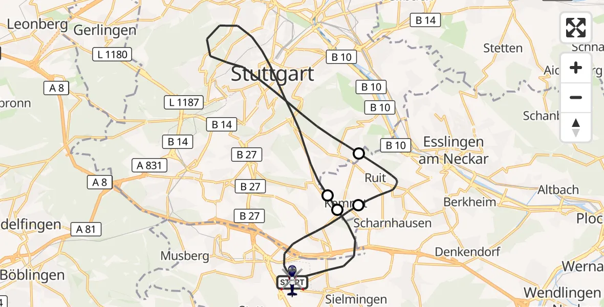 Flugroute Polizeihubschrauber Flughafen Stuttgart - Flughafen Stuttgart, 02 Juni 2026, 08:09