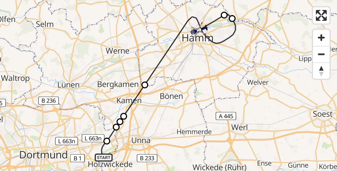 Flugroute Polizeihubschrauber Dortmund Flughafen - Hamm, 02 Juni 2026, 08:16
