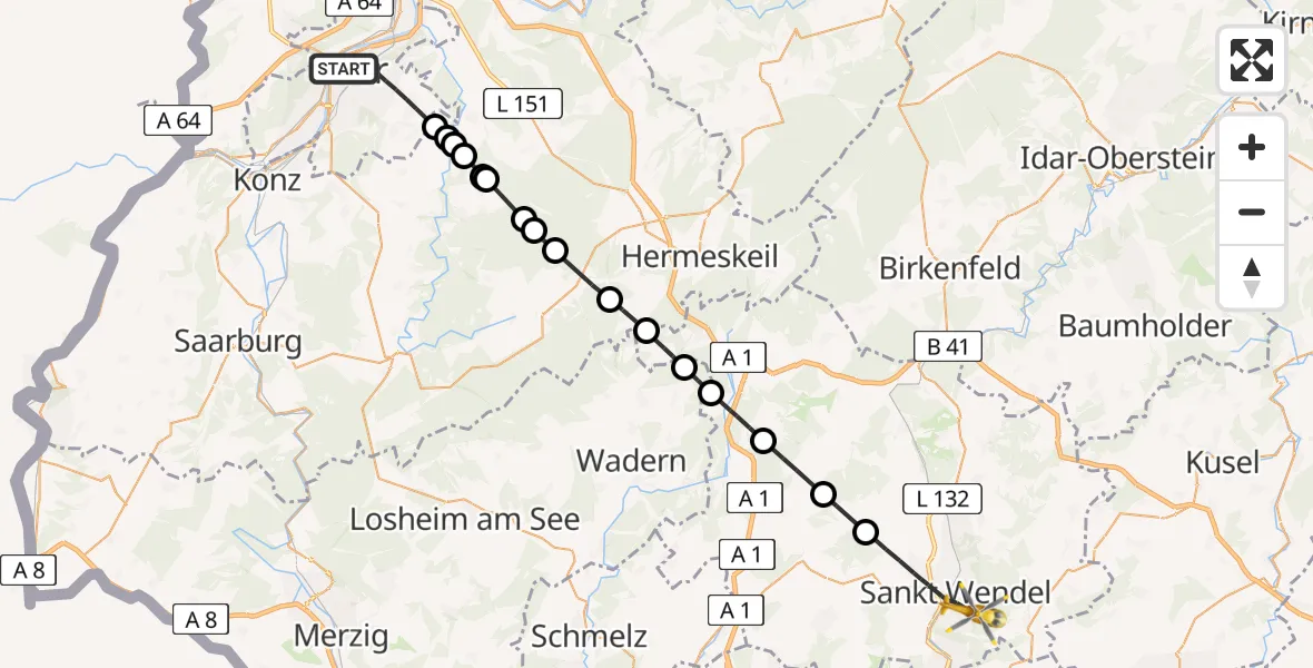 Flugroute Rettungshubschrauber Trier - Marienhaus Hospital Sankt Wendel-Ottweiler Hubschrauberlandeplatz, 02 Juni 2026, 08:25