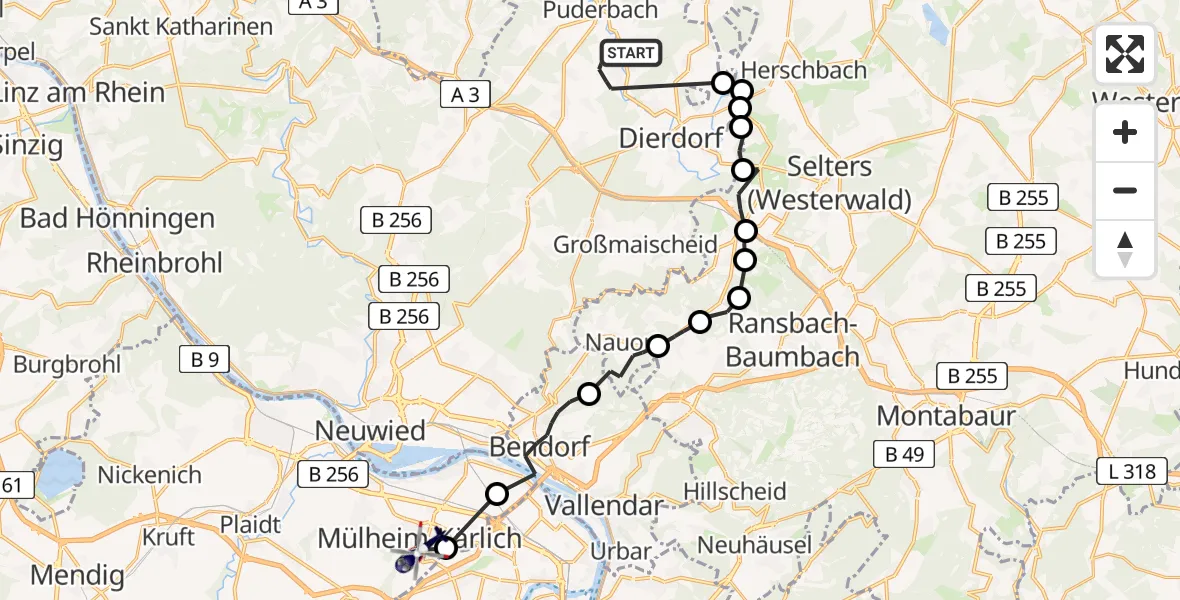 Flugroute Polizeihubschrauber Raubach - Mülheim-Kärlich, 02 Juni 2026, 08:27
