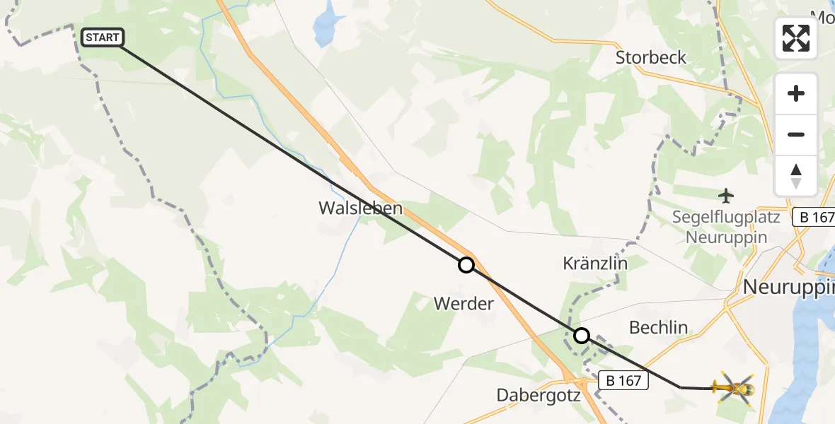 Flugroute Rettungshubschrauber Walsleben - Rupin Hospital Hubschrauberlandeplatz, 02 Juni 2026, 08:28