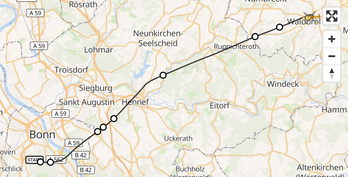 Flugroute Rettungshubschrauber Bonn - Waldbröl, 02 Juni 2026, 08:30