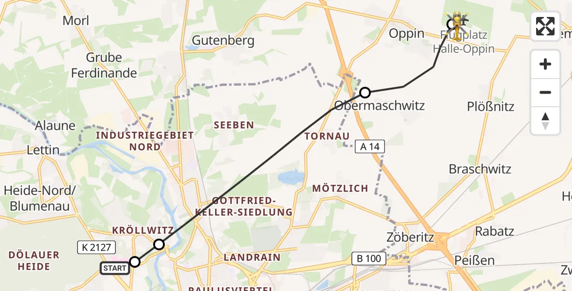 Flugroute Rettungshubschrauber Halle (Saale) University Hospital - Halle-Oppin Flugplatz, 02 Juni 2026, 08:34