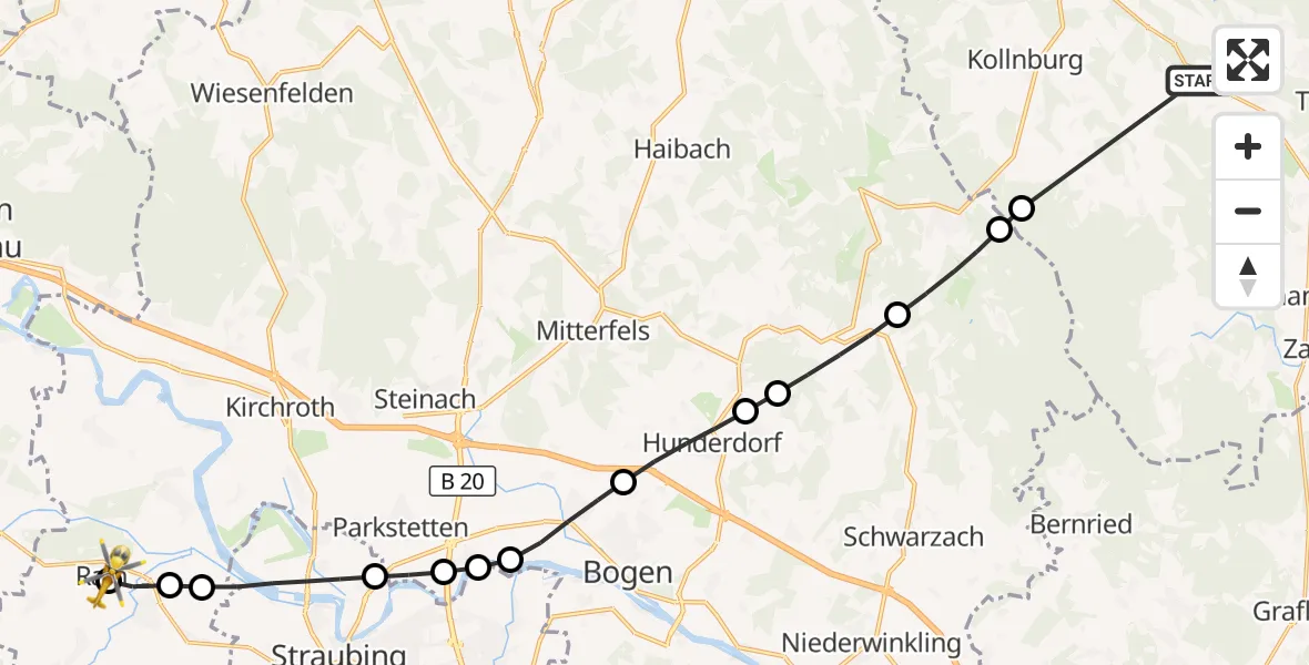 Flugroute Rettungshubschrauber Kollnburg - Rain, 02 Juni 2026, 08:42