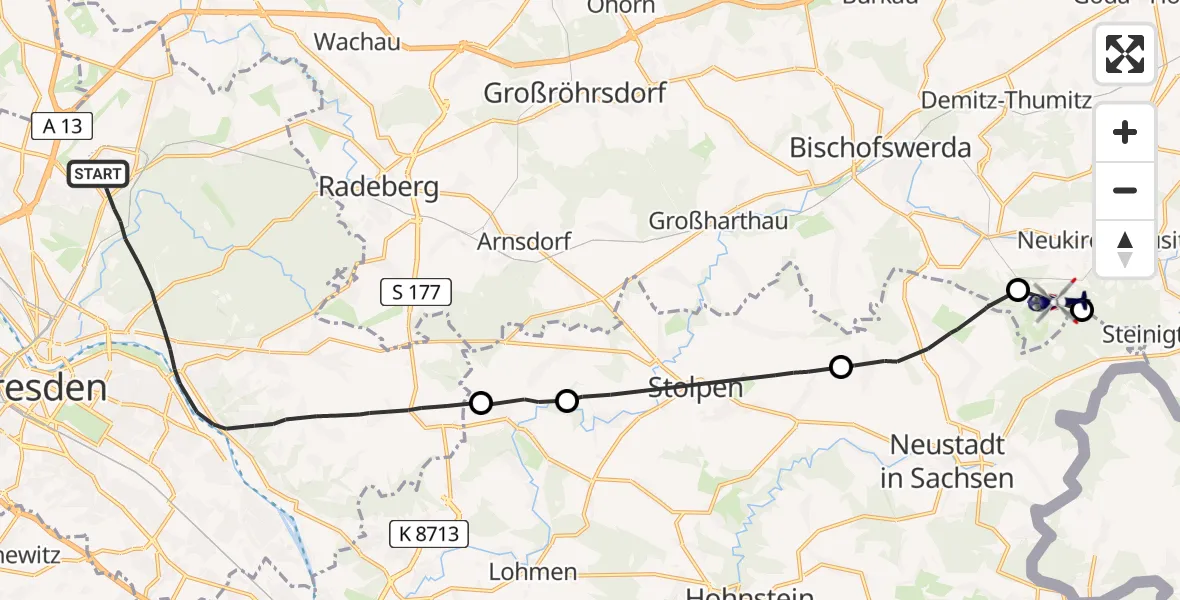 Flugroute Polizeihubschrauber Dresden - Schmölln-Putzkau, 02 Juni 2026, 08:47