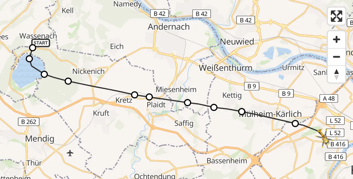 Flugroute Rettungshubschrauber Wassenach - Koblenz, 02 Juni 2026, 08:57