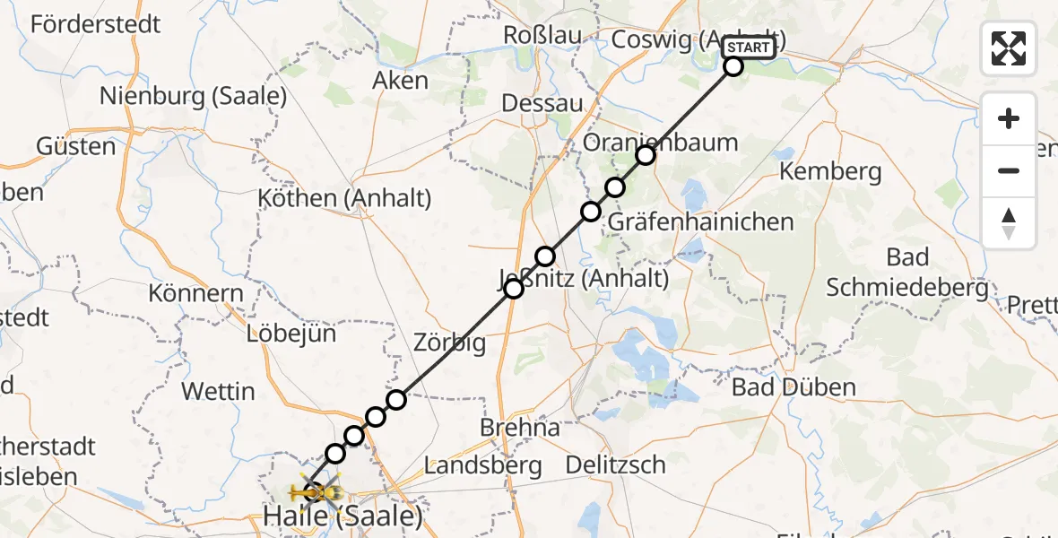 Flugroute Rettungshubschrauber Wittenberg - Halle (Saale) University Hospital, 02 Juni 2026, 08:58