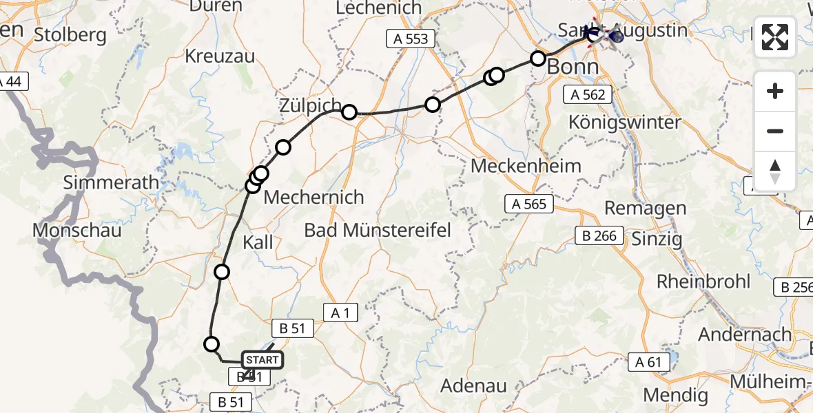 Flugroute Polizeihubschrauber Dahlem - Sankt Augustin, 02 Juni 2026, 09:06