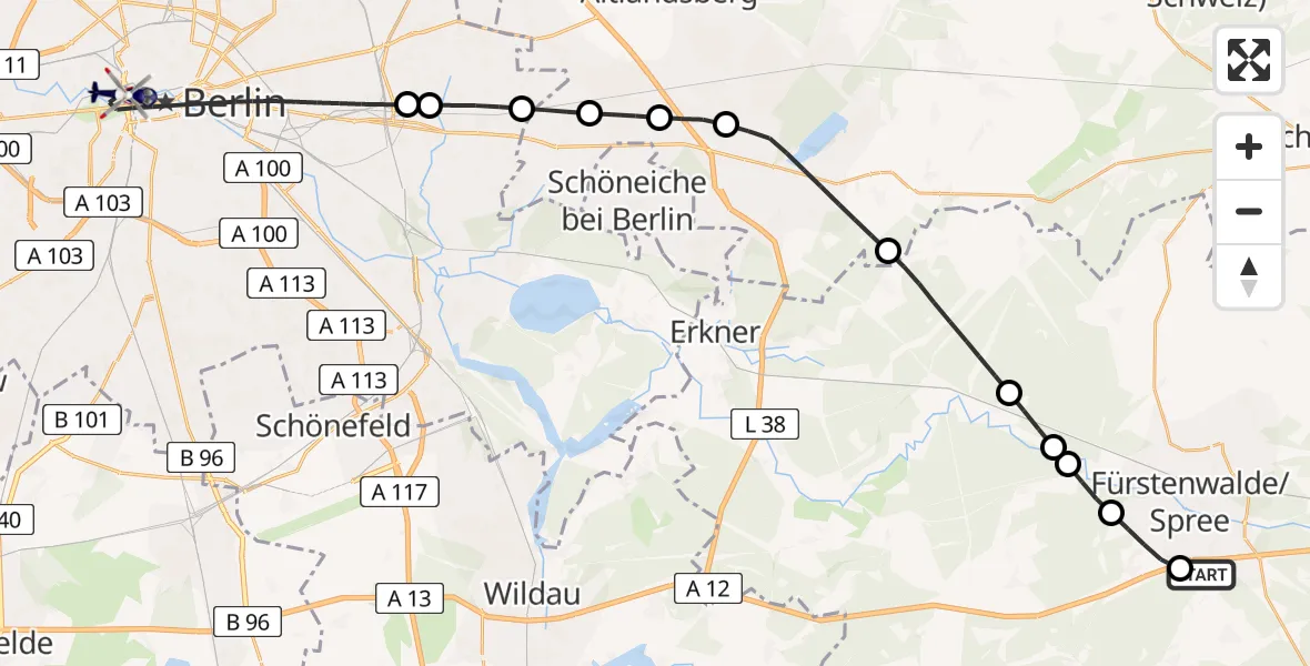Flugroute Polizeihubschrauber Fürstenwalde/Spree - Berlin, 02 Juni 2026, 09:10
