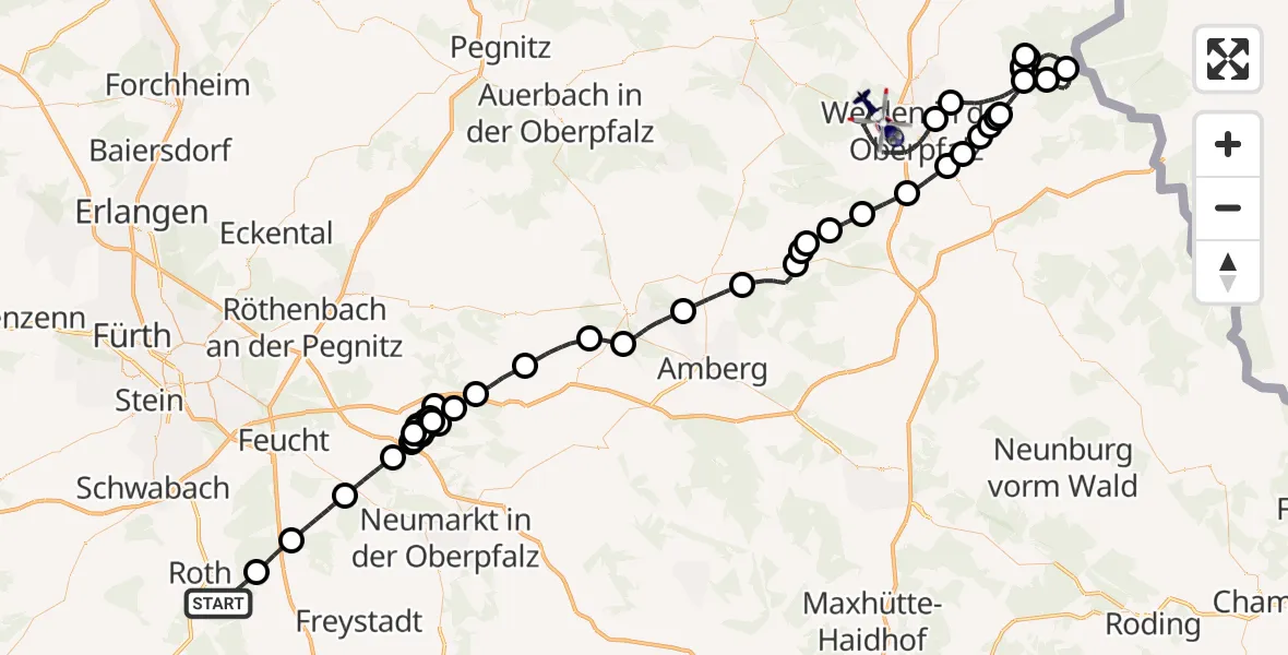 Flugroute Polizeihubschrauber Roth - Weiden i.d.OPf., 02 Juni 2026, 09:11