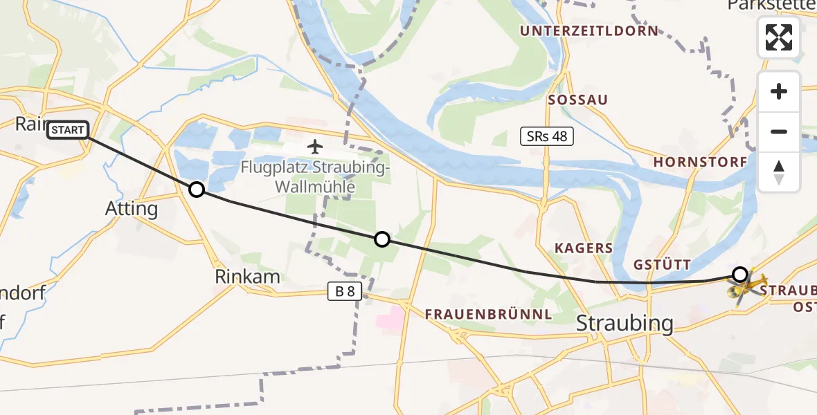 Flugroute Rettungshubschrauber Rain - Sankt Elisabeth Hospital Straubing, 02 Juni 2026, 09:12
