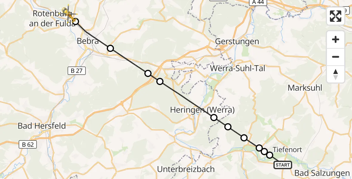 Flugroute Ambulanzhubschrauber Bad Salzungen - Rotenburg a.d.Fulda, 02 Juni 2026, 09:13