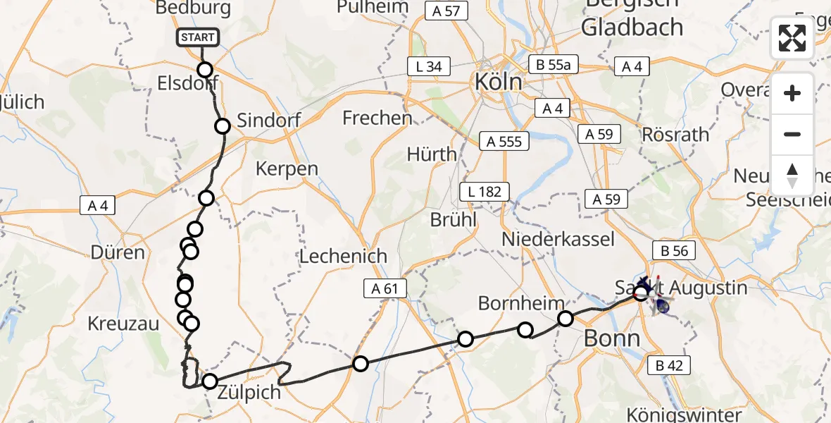 Flugroute Polizeihubschrauber Bergheim - Sankt Augustin, 02 Juni 2026, 09:15