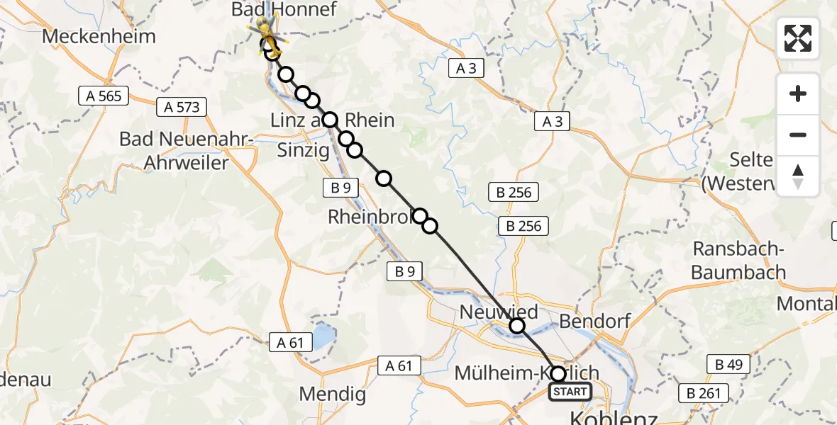 Flugroute Rettungshubschrauber Koblenz - Remagen, 02 Juni 2026, 09:17