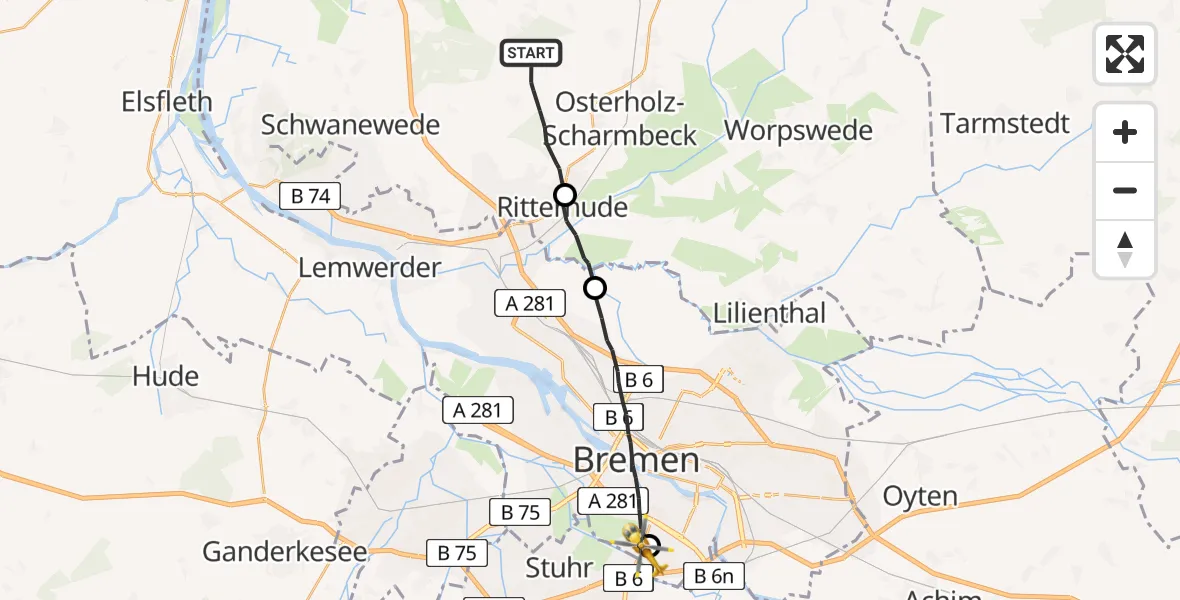 Flugroute Rettungshubschrauber Osterholz-Scharmbeck - ADAC Air Rescue Station Bremen Hubschrauberlandeplatz (Christoph 6), 02 Juni 2026, 09:18