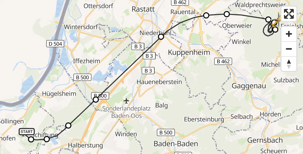 Flugroute Ambulanzhubschrauber Karlsruhe Baden-Baden Flughafen - Malsch, 02 Juni 2026, 09:20