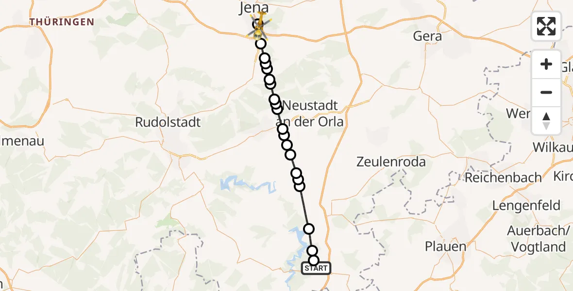 Flugroute Rettungshubschrauber Gefell - Lobeda Hubschrauberlandeplatz, 02 Juni 2026, 09:28