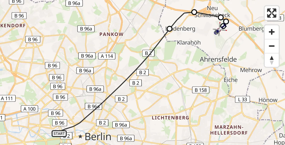 Flugroute Polizeihubschrauber Berlin - Ahrensfelde Hubschrauberlandeplatz, 02 Juni 2026, 09:35
