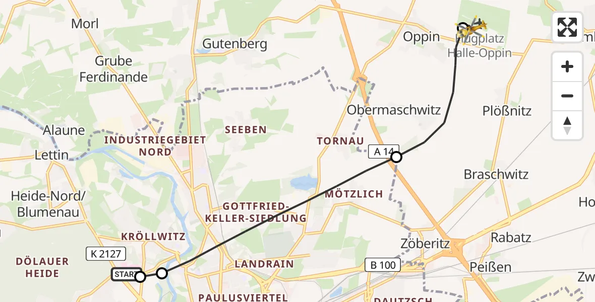 Flugroute Rettungshubschrauber Halle (Saale) University Hospital - Halle-Oppin Flugplatz, 02 Juni 2026, 09:52