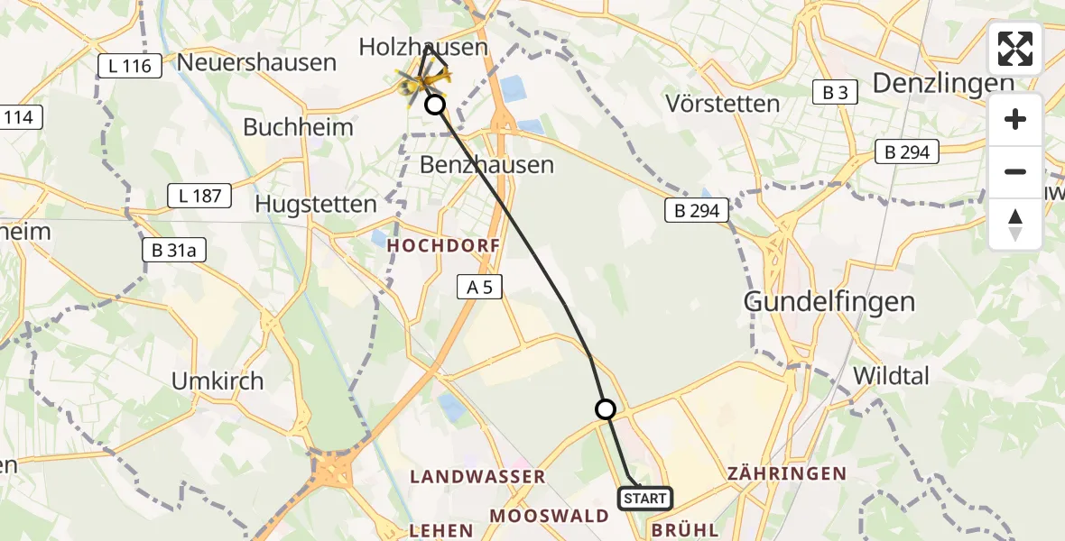 Flugroute Rettungshubschrauber Freiburg im Breisgau Flugplatz - March, 02 Juni 2026, 09:53