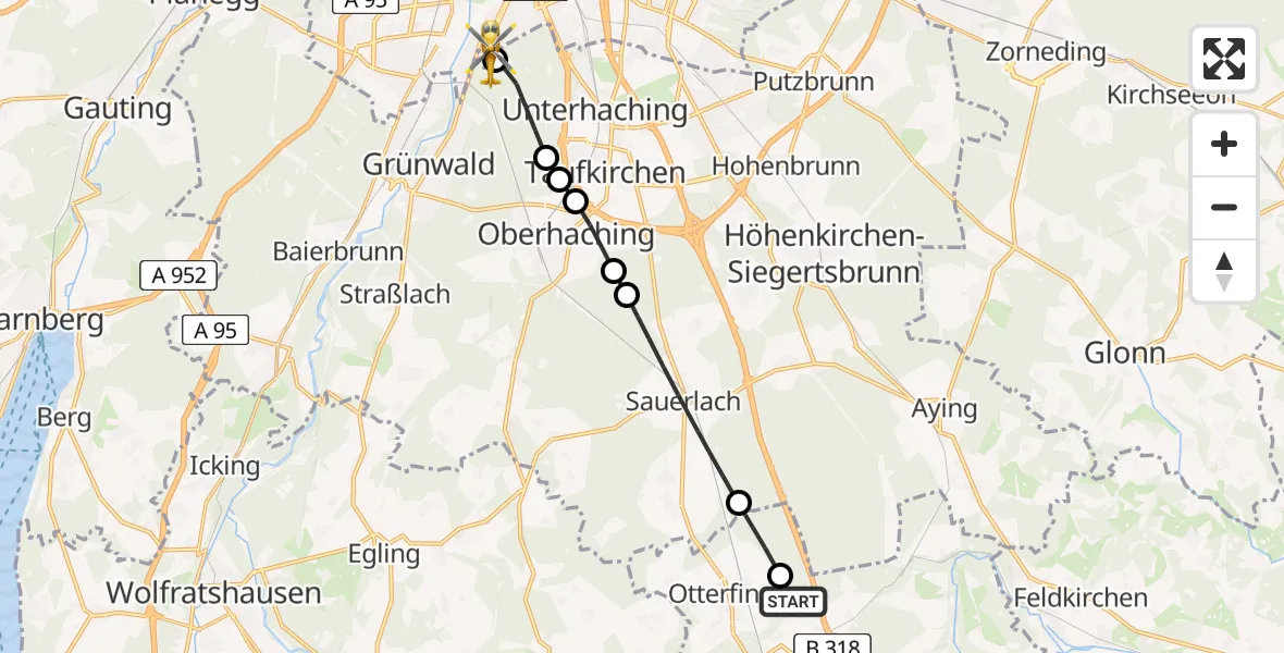 Flugroute Rettungshubschrauber Holzkirchen - ADAC Air Rescue Center Hubschrauberlandeplatz (Christoph 1), 02 Juni 2026, 10:00
