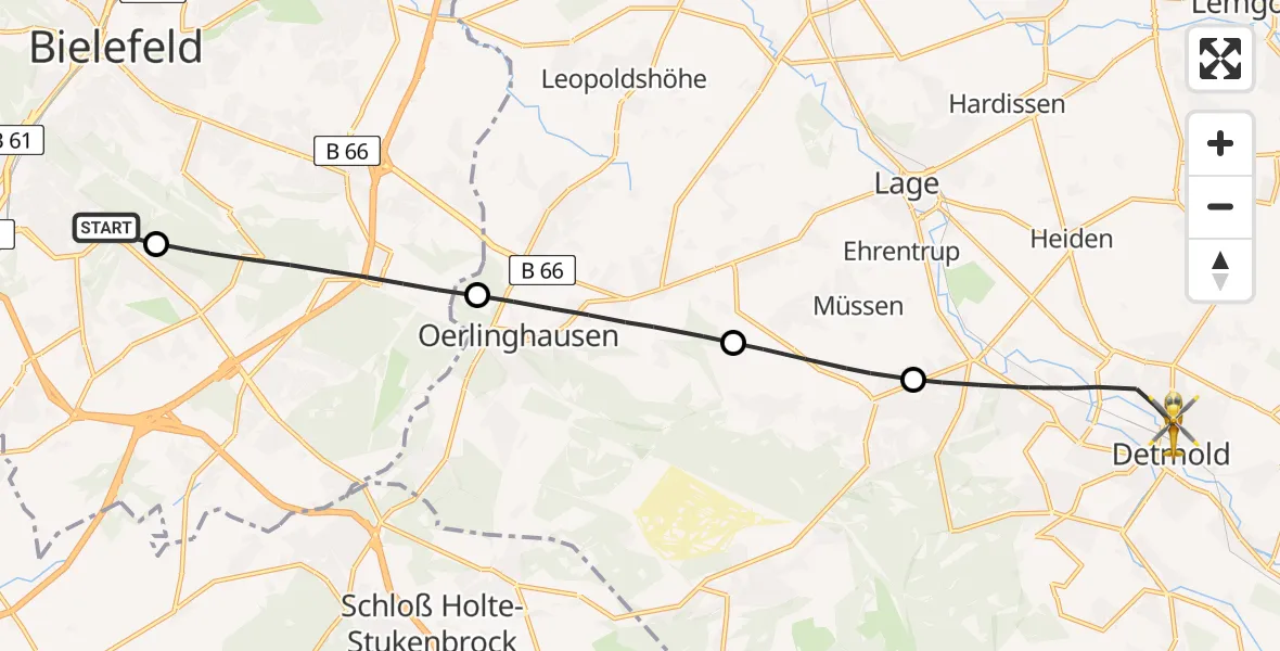 Flugroute Rettungshubschrauber Luftrettungszentrum Bielefeld - Detmold, 02 Juni 2026, 10:01