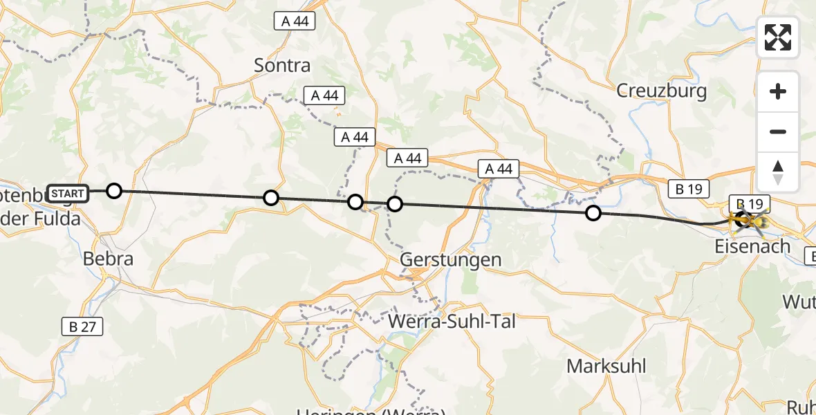 Flugroute Ambulanzhubschrauber Rotenburg a.d.Fulda - Sankt Georg Hospital Eisenach, 02 Juni 2026, 10:05