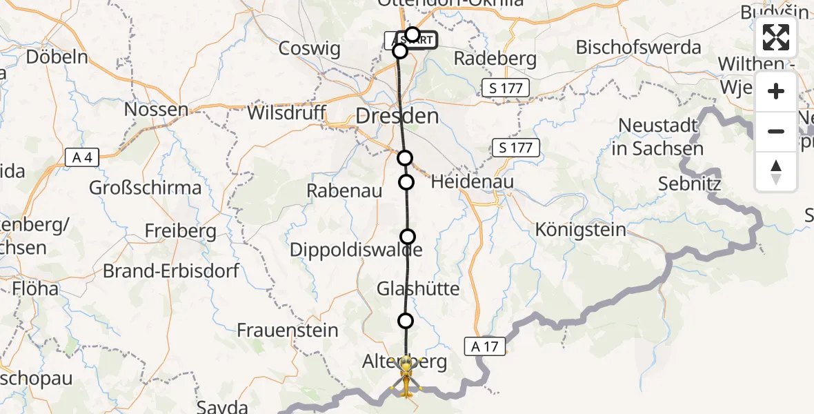 Flugroute Rettungshubschrauber Dresden Bundespolizei Hubschrauberlandeplatz - Altenberg, 02 Juni 2026, 10:09