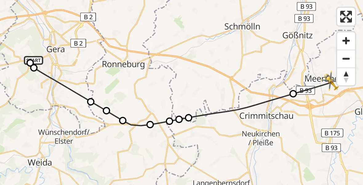 Flugroute Rettungshubschrauber SRH Wald-Klinikum Gera Hospital - Meerane, 02 Juni 2026, 10:12
