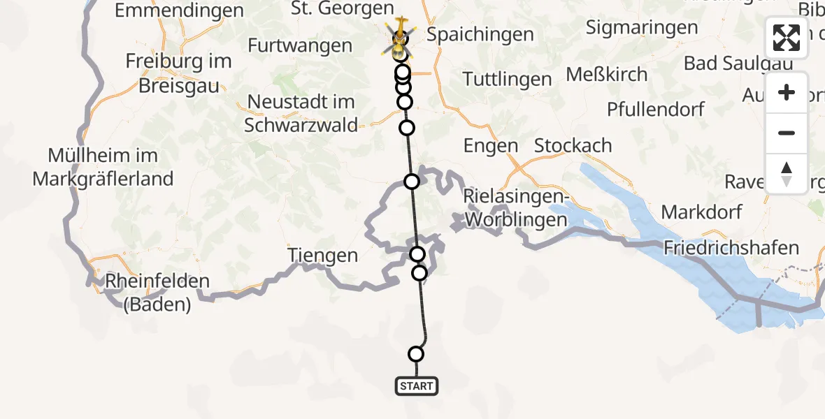 Flugroute Ambulanzhubschrauber University Hospital of Zurich Heliport - DRF Air Rescue Station Villingen-Schwenningen Hubschrauberlandeplatz (Christoph 11), 02 Juni 2026, 10:17