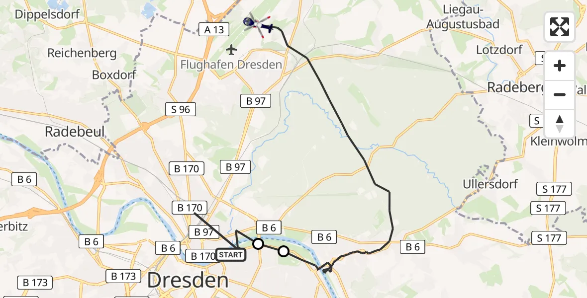 Flugroute Polizeihubschrauber Dresden - Dresden Bundespolizei Hubschrauberlandeplatz, 02 Juni 2026, 10:22
