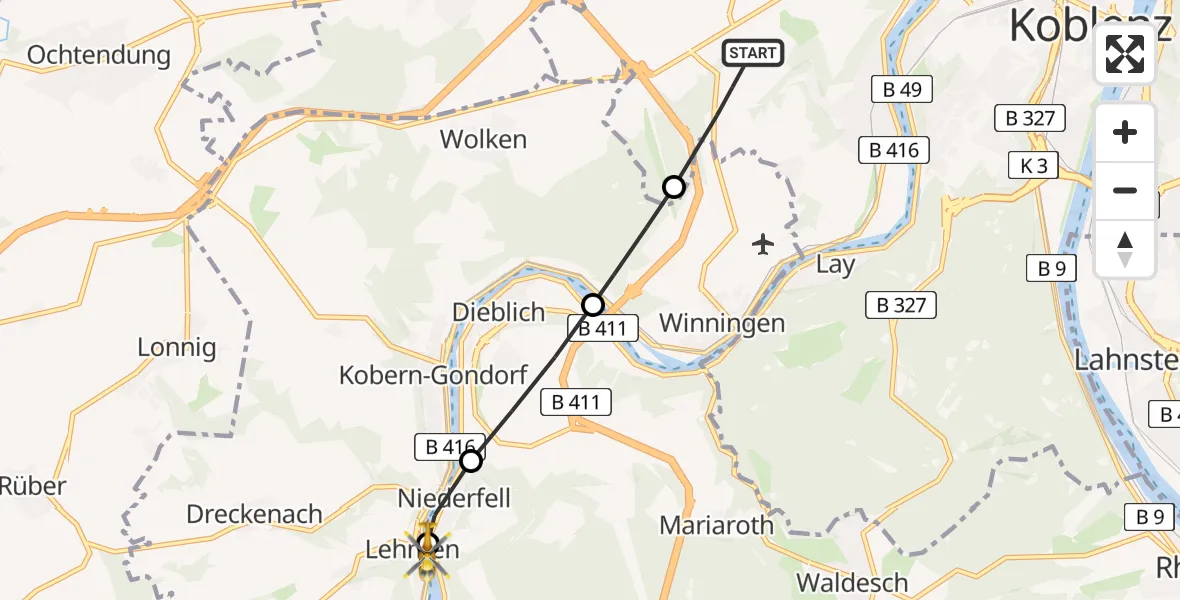 Flugroute Rettungshubschrauber Koblenz - Lehmen, 02 Juni 2026, 10:23