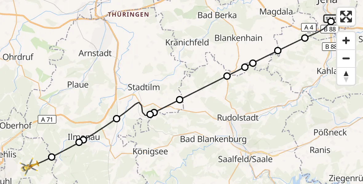 Flugroute Rettungshubschrauber Lobeda Hubschrauberlandeplatz - Suhl, 02 Juni 2026, 10:24