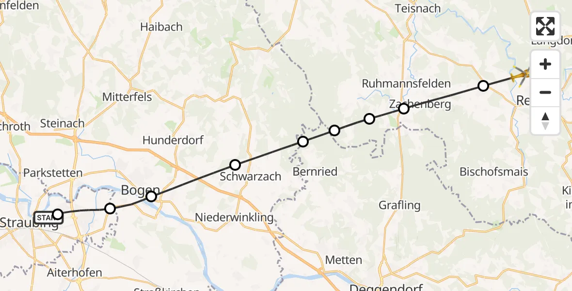 Flugroute Rettungshubschrauber Sankt Elisabeth Hospital Straubing - Regen, 02 Juni 2026, 10:26