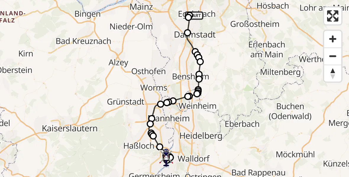 Flugroute Polizeihubschrauber Flughafen Frankfurt-Egelsbach - Speyer Flugplatz, 02 Juni 2026, 10:28